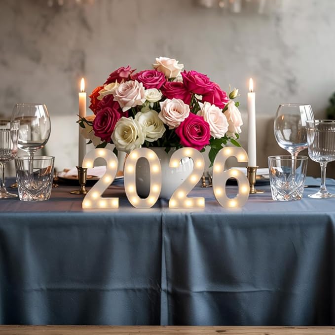 Marquee Numbers 2026 Light up Numbers 2026 Marquee Number for New Year Decorations Battery Powered LED Light White Plastic Number Sign for Happy New Year Graduation Engagement Wedding Birthday Decor