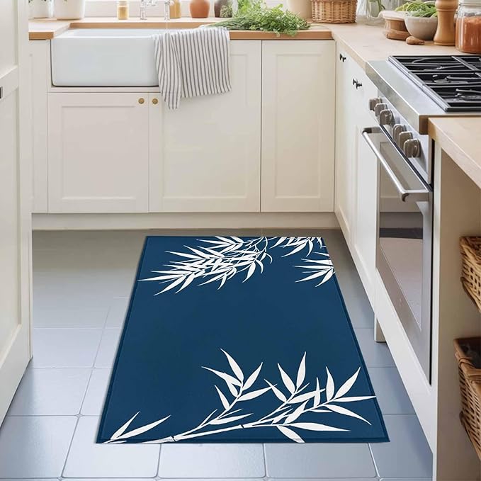 Area Rug 2x3ft, Country Leaf on Dark Blue Washable Rugs for Living Room Bedroom, Botanical Silhouette Minimalist Style Soft Non-Slip Area Rugs Rectangle Floor Carpet for Dining Room