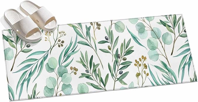 Runner Rug for Bedroom Hallway, Watercolor Eucalyptus Leaves Kitchen Runner Rugs Area Rug 2x6ft, Spring Green Foliage Branch Washable Soft Floor Carpet for Entryway Stair