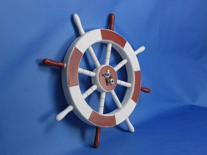 Hampton Nautical Red & White Decorative Ship Wheel with Seagull & Lifering 18"