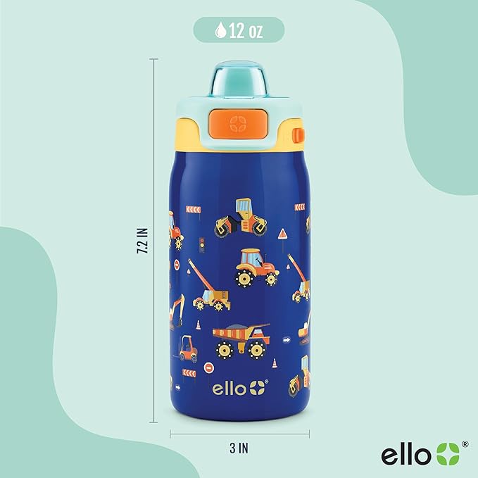 Ello Kids Pop & Fill 12oz Toddler Water Bottle with Quick Fill Lid, Double-Wall Vacuum Insulated Stainless Steel, Leak Proof, BPA Free, Sip & Chug, For School, Lunchboxes, Construction Site
