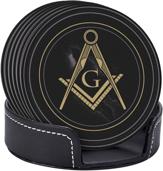 Masonic Freemason Black Leather Drinks Coasters with Holder, Set of 6, Suitable for Various Cups