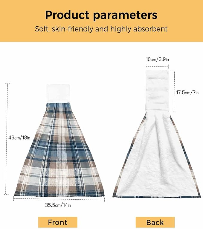 Alandar Home Kitchen Tie Towel Set of 2, Vintage Geometric Plaid Absorbent Soft Hand Towels for Bathroom Hanging Towels, Blue Brown Color Block Fast Drying Cleaning Cloth with Loop