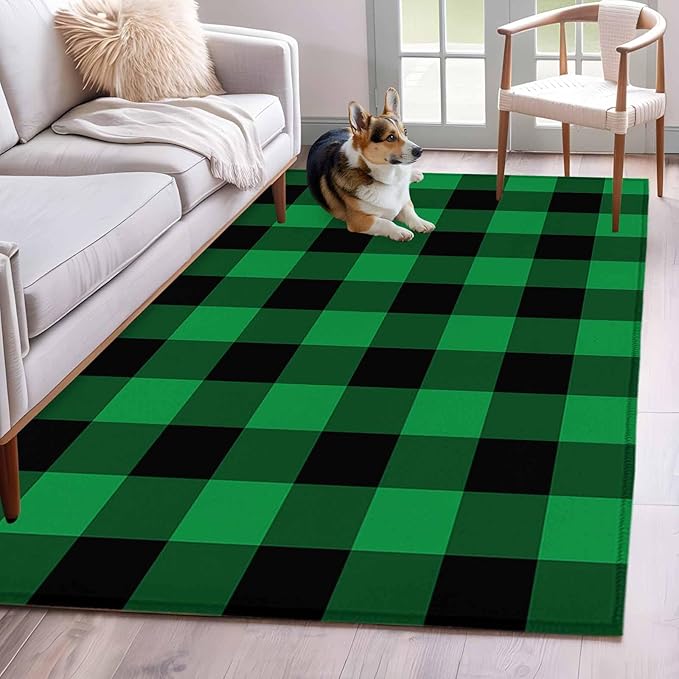 Area Rug 4x6ft, St. Patrick's Day Lucky Green Black Plaid Washable Rugs for Living Room Bedroom, Buffalo Lattice Soft Non-Slip Area Rugs Rectangle Floor Carpet for Dining Room