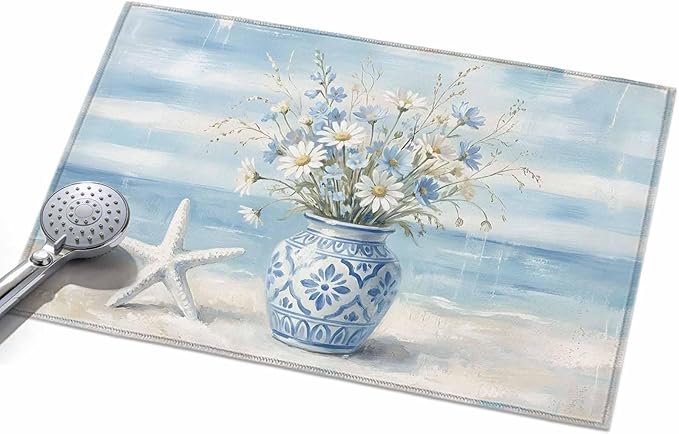 Area Rug 2x3ft, Summer Beach Starfish Flower Washable Rugs for Living Room Bedroom, Marine Theme Daisy Vase Soft Non-Slip Area Rugs Rectangle Floor Carpet for Dining Room