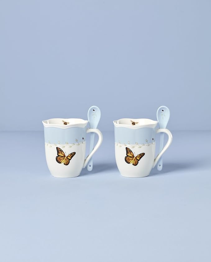 Lenox 897800 Butterfly Meadow Color Mugs With Spoons, Set Of 2, Blue