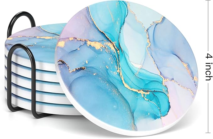 Nipichsha Coasters for Drinks, Set of 6 Cute Absorbent Ceramic Drink Coasters for Cup with Holder and Cork Base, Kitchen Home Decor Housewarming Gift, Round 4 in, Colorful Marble