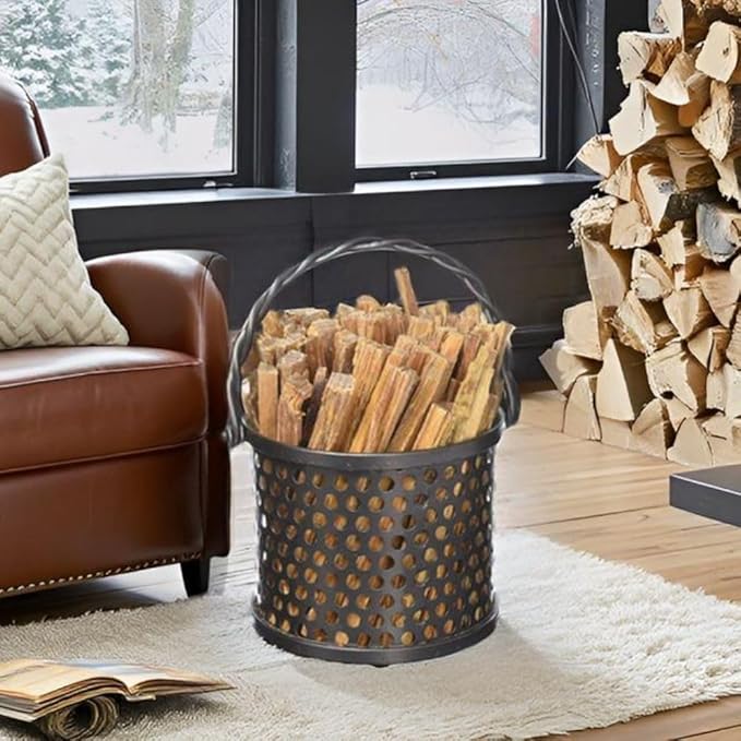 Freestanding Fatwood Caddy Basket Twisted Rope Designed Graphite Lumber Storage Organizer Indoor Firewood Carrier and Wood Container Graphite
