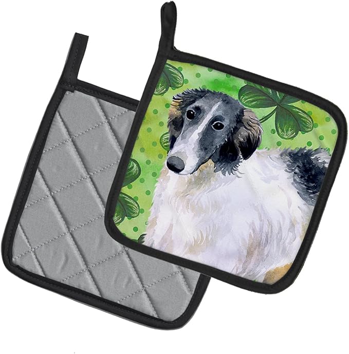 Caroline's Treasures BB9846PTHD Borzoi St Patrick's Pair of Pot Holders, Green Kitchen Heat Resistant Pot Holders Sets Oven Hot Pads for Cooking Baking BBQ, 7 1/2 x 7 1/2