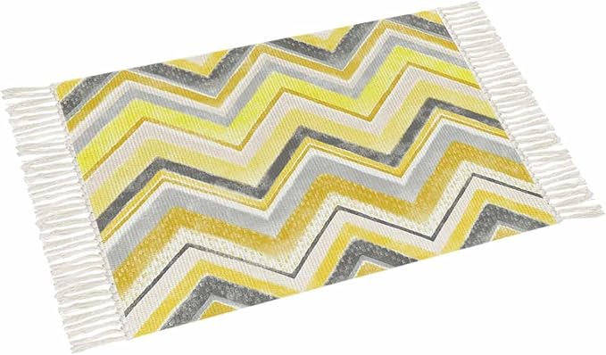 Kitchen Runner Rugs, Yellow Gray Gradient Zigzag Stripe 4'x6' Throw Rug with Tassels, Nordic Style Abstract Art Washable Soft Floor Carpet Runner for Hallway Bedroom Bathroom Laundry Room