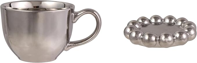 Bloomingville 12-Ounce Stoneware Mug with Ball Edge Saucer, Chrome-Finish