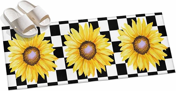 Runner Rug for Bedroom Hallway, Watercolor Sunflower on Checkered Kitchen Runner Rugs Area Rug 2x6ft, Yellow Black White Washable Soft Floor Carpet for Entryway Stair