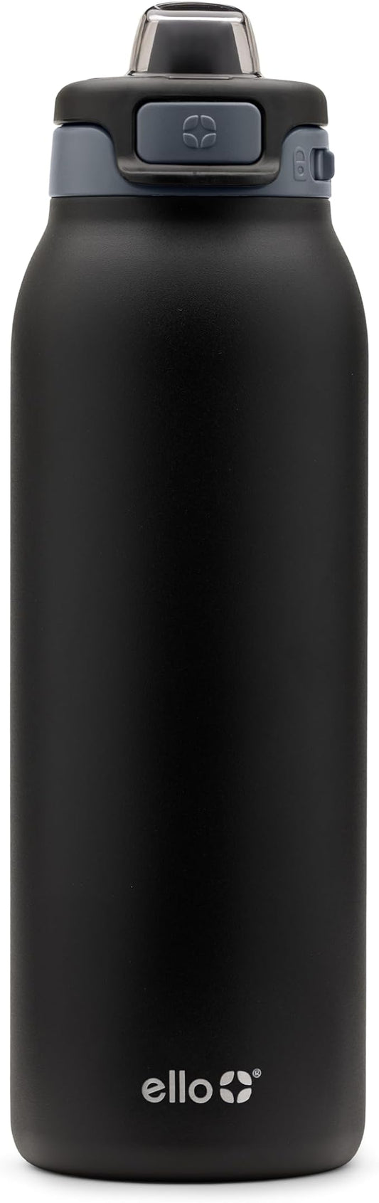 Ello Pop & Fill 32oz Stainless Steel Water Bottle with Quick Fill Technology, Double Walled and Vacuum Insulated Metal, Leak Proof Locking Lid, Sip and Chug, Reusable, BPA Free, Tonal Black