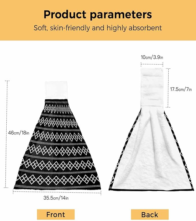 Alandar Home Kitchen Tie Towel Set of 2, Black White Minimalist Geometric Art Absorbent Soft Hand Towels for Bathroom Hanging Towels, Modern Square Dotted Line Fast Drying Cleaning Cloth with Loop