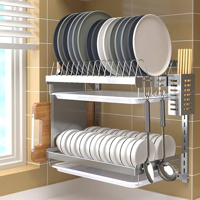 Stainless Steel Dish Rack with Drain Pan - Wall-Mounted 2/3 Layers for Efficient Kitchen Drying and Space-Saving，2 Layer High16in