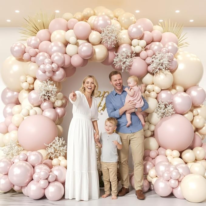 Boho Dusty Pink Balloon Arch Garland Kit 153pcs, Double Stuffed White Pearl Balloon Blush Neutral Pink Balloons Arch Kit for Birthday Wedding Bridal Baby Shower Gender Reveal Party Decoration