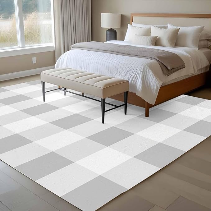 Area Rug 6x9ft, Light Grey White Plaid Washable Rugs for Living Room Bedroom, Farmhouse Decoration Buffalo Check Soft Non-Slip Area Rugs Rectangle Floor Carpet for Dining Room