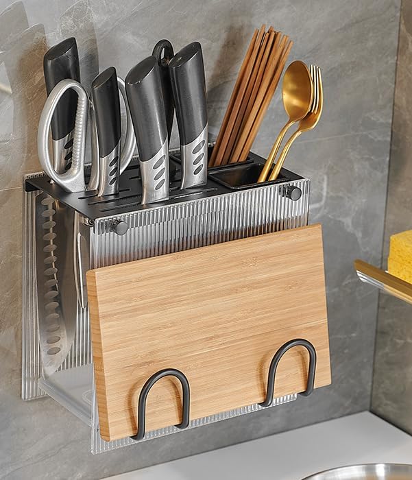 Kitchen Shelf, Chopsticks, Knife Storage Rack, Wall-Mounted Cutting Board Shelf, Model A - Matte Black [Knife Holder + Chopstick cage + Cutting Board]