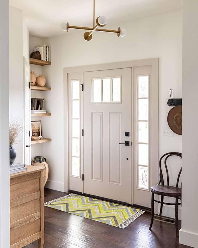 Kitchen Runner Rugs, Yellow Gray Gradient Zigzag Stripe 2'x5' Throw Rug with Tassels, Nordic Style Abstract Art Washable Soft Floor Carpet Runner for Hallway Bedroom Bathroom Laundry Room