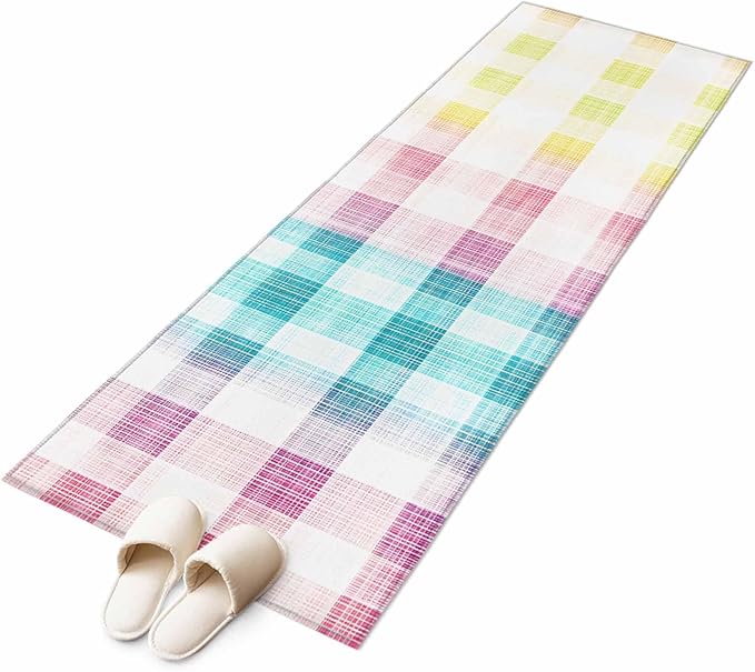 Runner Rug for Bedroom Hallway, Easter Red Yellow Blue Stripes Kitchen Runner Rugs Area Rug 2x6ft, Abstract Buffalo Plaid Washable Soft Floor Carpet for Entryway Stair