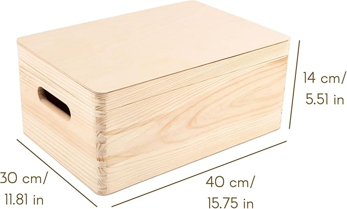 Creative Deco Large Wooden Storage Box with Hinged Lid | 11.8 x 7.87 x 5.51 in (+-0.5) | Keepsake Unfinished Plain Unpainted Gift Box with Handles for Tool Toy Kitchen | ROUGH & UNSANDED Wood Trunk