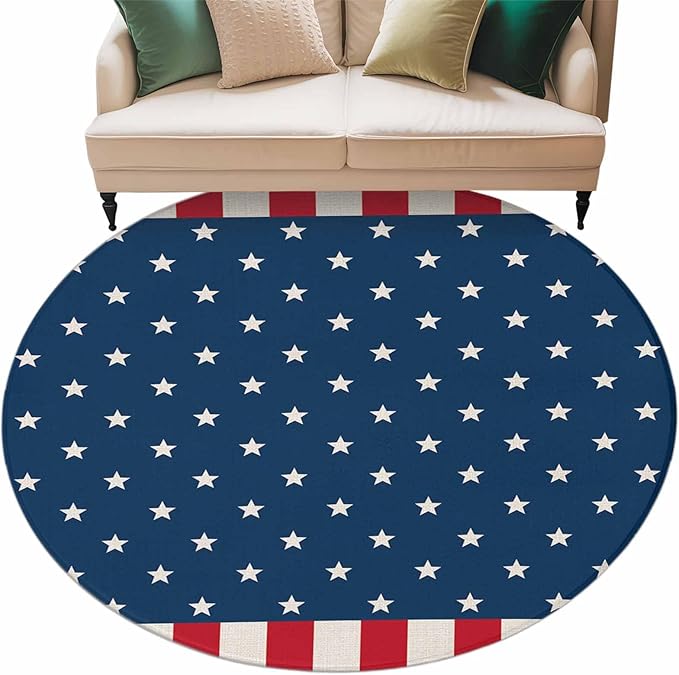Washable Round Area Rug American Independence Day Circle Rugs Floor Carpet for Living Room Bedroom, USA Stars on Blue Red White Border Soft Non Slip Round Rug 5ft