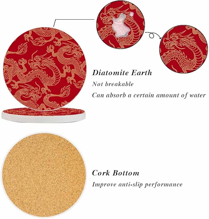 Dragon Ceramic Coasters Chinese Dragons Fighting Gold Outlines on Red Absorbent Drink Coasters Round Ceramic Table Coasters Set Decorative Coffee Cup Beverage Coasters Wine Beer Bar Coasters 2 Pack