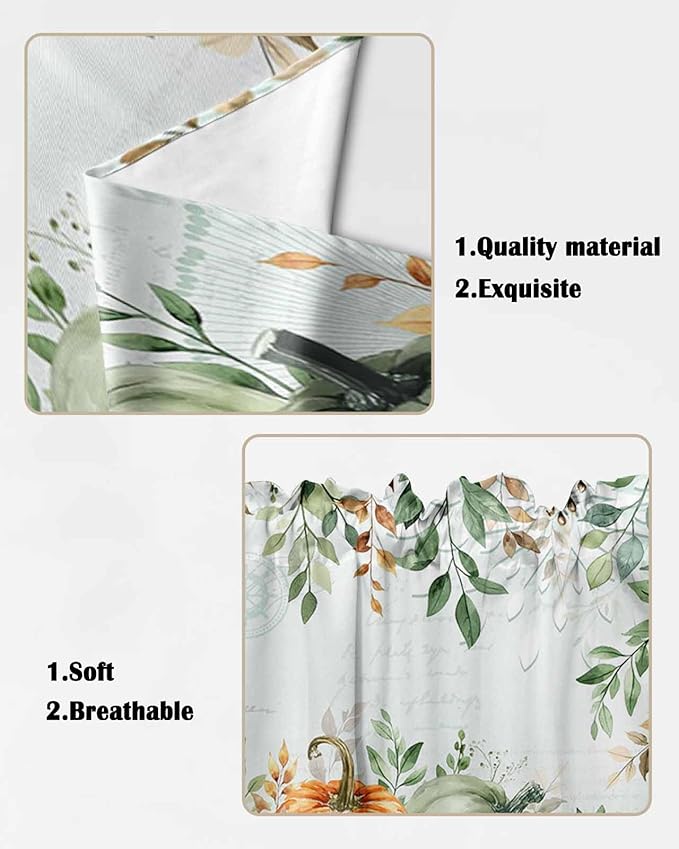 Sage Green Orange Pumpkins Eucalyptus Leaves Fall Swag Valance Curtains Autumn Thanksgiving Vintage Texture Rod Pocket Kitchen Curtains, Scalloped Window Treatment Valances, 1 Pair, 28"W x 36"L