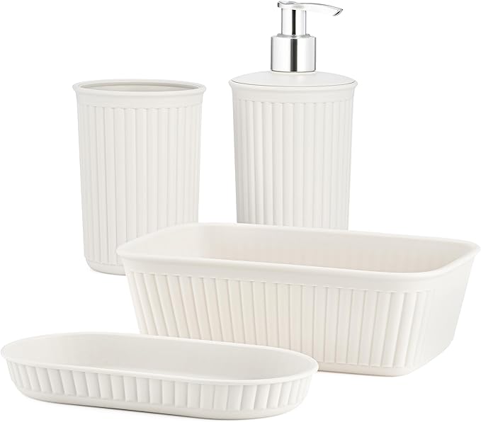 Decorative Plastic Bathroom Accessories Set, White Smoke (Set of 4) Soap Dish, Liquid Dispenser, Toothbrush Holder Cup, Vanity Organizer Tray - Bath Accessory Countertop Decor Gift - Ribbed Design