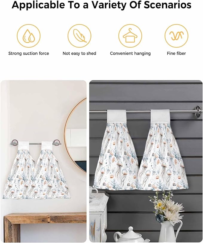 Alandar Home Kitchen Tie Towel Set of 1, Summer Marine Life Jellyfish Absorbent Soft Hand Towels for Bathroom Hanging Towels, Watercolor Starfish Conch Fast Drying Cleaning Cloth with Loop
