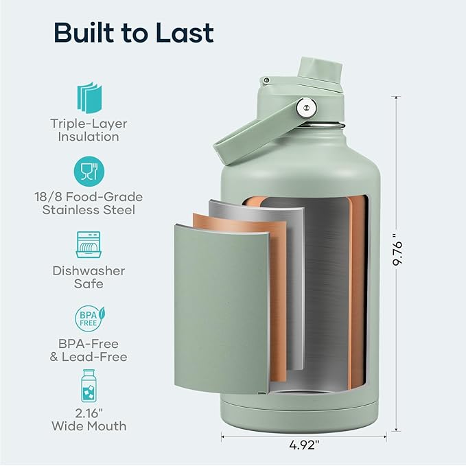 BUZIO 64oz Insulated Water Bottle, Half gallon Stainless Steel Jug (Cold for 48 Hrs), Triple Wall Vacuum Large Metal Flask with Leakproof Straw Lid and Carry Sleeve, Sage Green