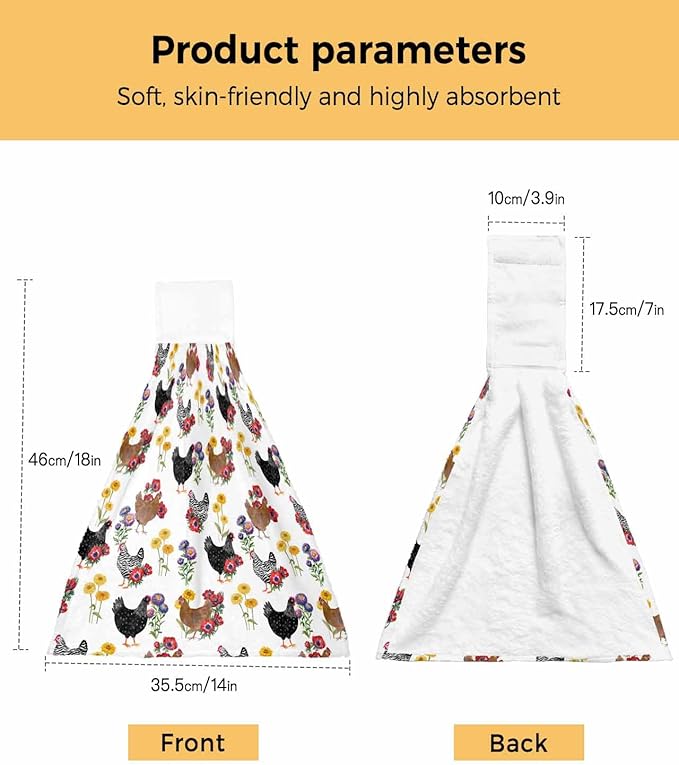 Alandar Home Kitchen Tie Towel Set of 2, Farmhouse Chicken Colorful Poppy Absorbent Soft Hand Towels for Bathroom Hanging Towels, Spring Floral Leaves Fast Drying Cleaning Cloth with Loop