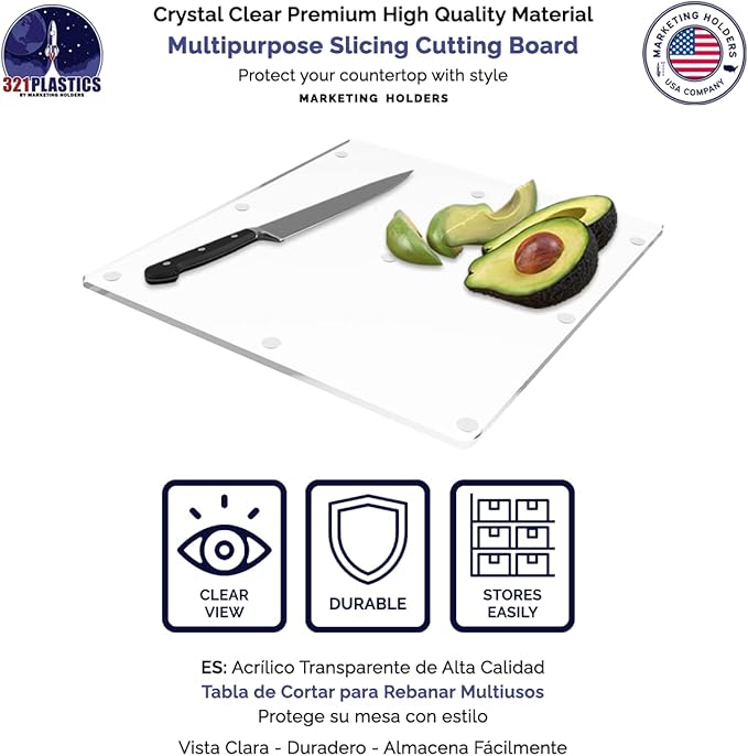 Clear Acrylic Flat Cutting Board 12" x 12" Countertop Charcuterie Chopping Block and Several Rubber Bumpers for Hotels Home Kitchens and Restaurants by Marketing Holders