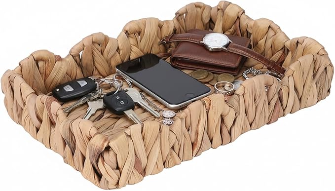 Rustic Wicker Key Basket for Entryway Table, Handwoven Valet Catchall Tray for Dresser, Decorative Petal-Arc Border Trays for Keys Wallet & More, 12"x8"