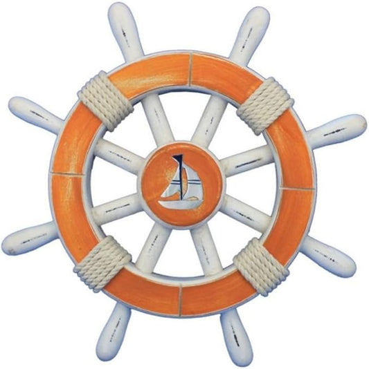Hampton Nautical Decorative Ship Wheel with Sailboat, 12", Rustic Orange/White