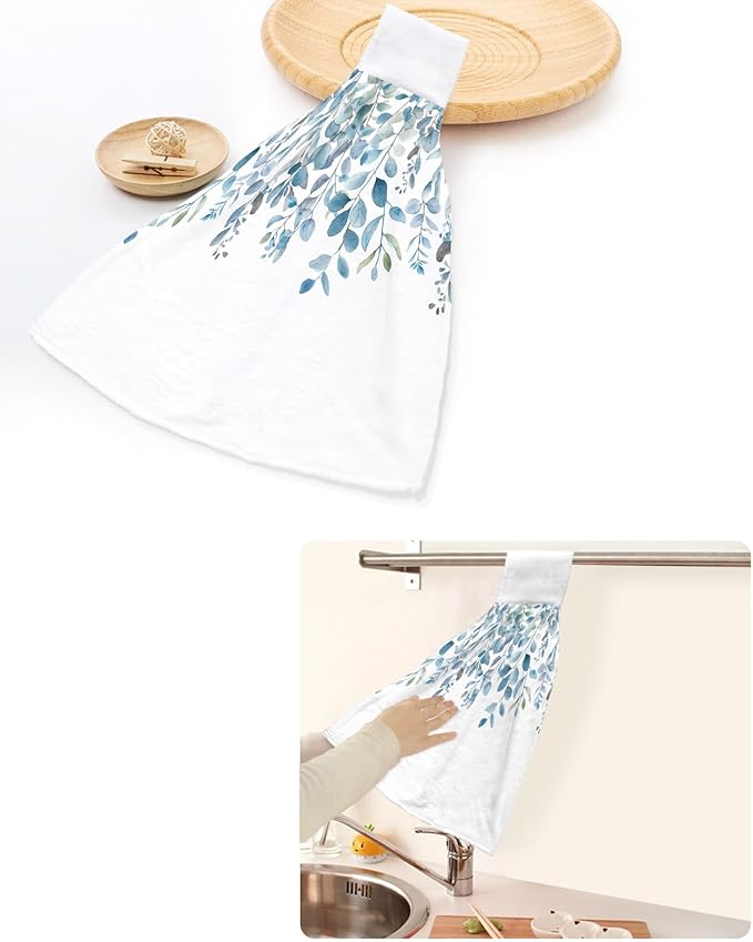 Alandar Home Kitchen Tie Towel Set of 1, Pastoral Blue Eucalyptus Leaves Absorbent Soft Hand Towels for Bathroom Hanging Towels, Idyllic Botanical on White Fast Drying Cleaning Cloth with Loop