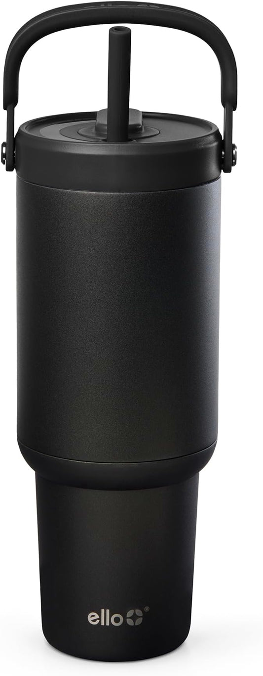Ello Oasis Go+ 32oz Tumbler with Top Handle and Retracting Straw | Reusable Insulated Stainless Steel Cup, 100% Leakproof Water Bottle, 24 Hours Cold, Cup Holder Friendly For Travel | Black