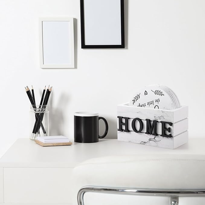 Queekay Coasters Set of 6 House Warming Gifts New Home Wooden Farmhouse Drink Coasters with Holder 4'' Funny Decoration for Kitchen Family Coffee Bar Tabletop Protection(White Marble)