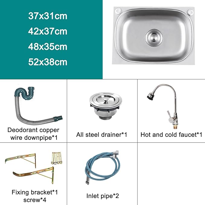 Commercial Sink Hand Washing Basin, Wall-Mounted Kitchen Stainless Steel Sink, Single Bowl Stainless Steel Sink, with Drainer Unit And Tap, for Bar Cafe Restaurant K,42x37cm-Hot and cold water