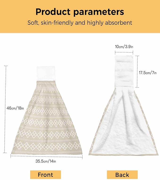 Alandar Home Kitchen Tie Towel Set of 2, Modern Dotted Line Square on Beige Absorbent Soft Hand Towels for Bathroom Hanging Towels, Abstract Geometric Texture Fast Drying Cleaning Cloth with Loop