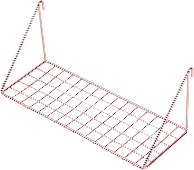 Straight Flat Display Shelf for Wall Grid Panel, Wire Hanging Organizer Rack Bin Storage Mountable, 11.8" Width x 4.3" Depth, Rose Gold