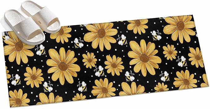 Runner Rug for Bedroom Hallway, Summer Daisy Flower Bee on Black Kitchen Runner Rugs Area Rug 2x6ft, Spring Watercolor Floral Washable Soft Floor Carpet for Entryway Stair