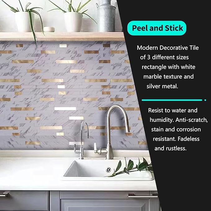 10-Sheet Peel and Stick Backsplash Tile, PVC Mixed Meta,l Stick on Kitchen, Bathroom Vanities, Fireplace Décor, Laundry Table(11.2" X 12.7") (10, White Marble + Golden)