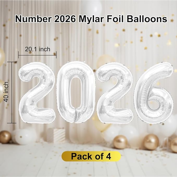 2026 Balloons 40 Inch New Years Balloons White for New Years Decorations Mylar Foil 2026 Balloon Numbers for Graduation Happy New Year Decorations New Years Eve Party Supplies Globos De Año Nuevo