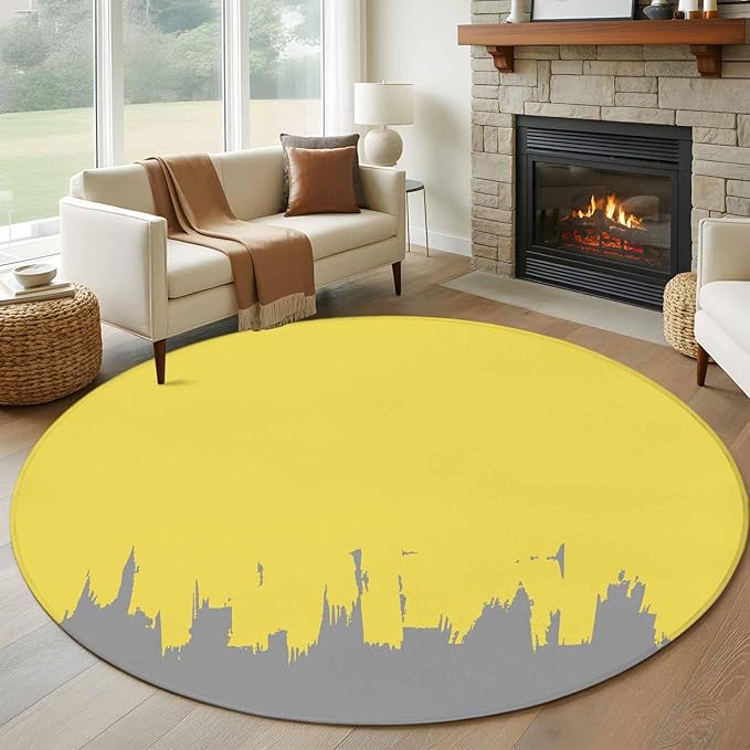 Washable Round Area Rug Abstract Yellow Grey Graffiti Circle Rugs Floor Carpet for Living Room Bedroom, Oil Painting Artwork Soft Non Slip Round Rug 5ft