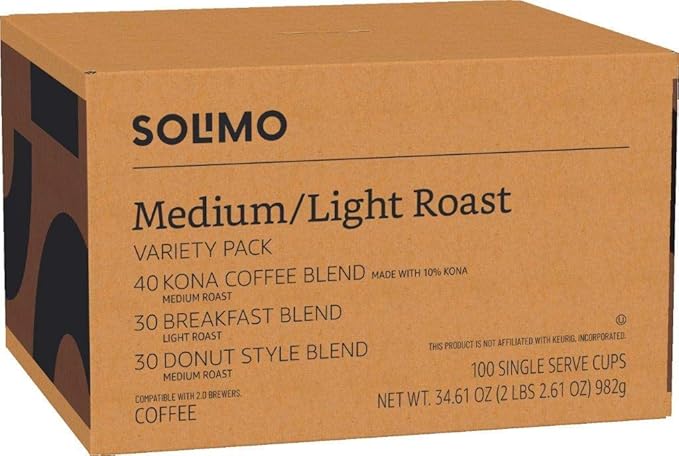 Amazon Brand - Solimo Light and Medium Roast Coffee Pods (Kona, Breakfast, Donut), Compatible with Keurig 2.0 K-Cup Brewers, 100 Count (Pack of 5)