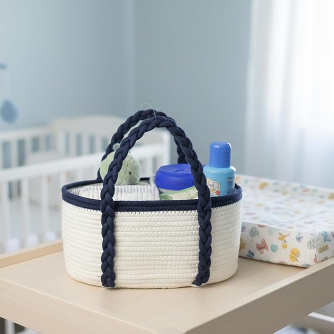 Baby Diaper Caddy, Portable Diaper Organizer for Changing Table, Car Travel Baby Shower Gifts Newborn Essentials, Cotton Rope Nursery Storage Basket for Boys (White＆Navy Blue)