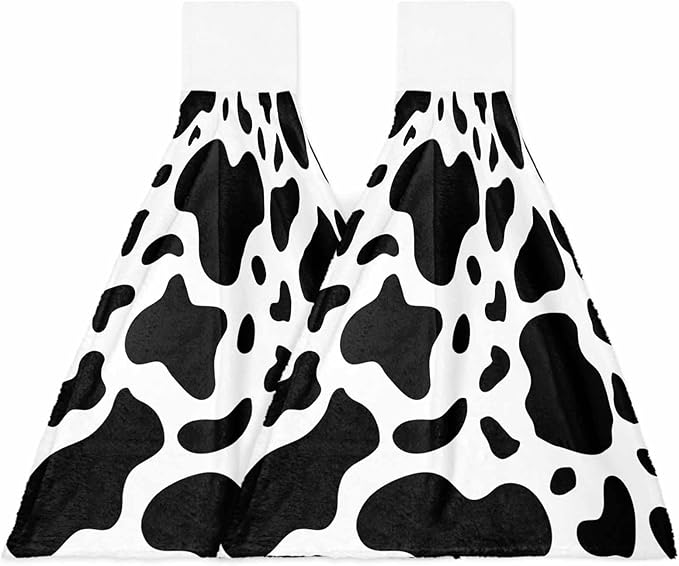 Kitchen Tie Towel Set of 2, Abstract Dairy Cattle Cow Skin Texture Absorbent Soft Hand Towels for Bathroom Hanging Towels, Black and White Animal Print Fast Drying Cleaning Cloth with Loop