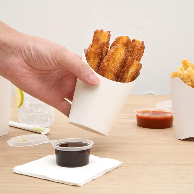 Restaurantware Bio Tek 12 Ounce French Fry Containers 100 Disposable Charcuterie Cups - Incline Design Round White Paper French Fry Cups Stackable For Waffles Chips or Popcorn