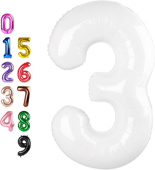 40 Inch 3 Numbers Balloon, Three White Happy Birthday Balloons for Girls Boys Babies, Number Balloons for 3 13 23 30 Wedding Bridal Shower Anniversaries Party